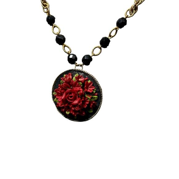 Vintage Red Carved Rose Brooch Pin Gold Tone Textured Pendant Necklace Mexico - Picture 3 of 7